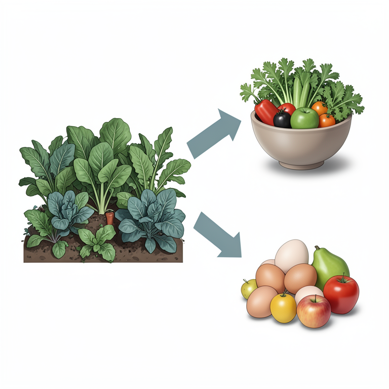 AI-generated conceptual illustration (Rural household kitchen garden and diverse food groups). It explains the idea and does not show study data.