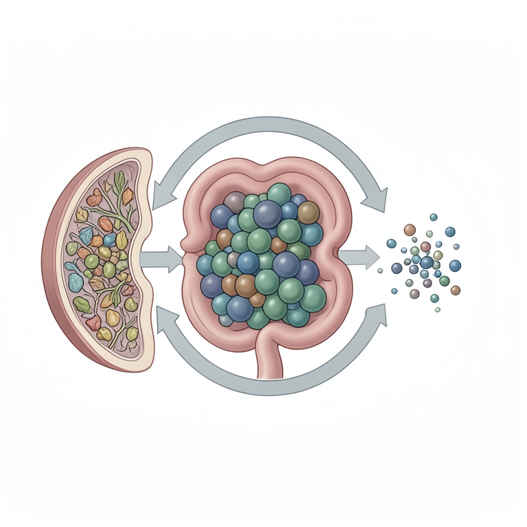 AI-generated conceptual illustration (Human colon tissue and gut microbiota). It explains the idea and does not show study data.