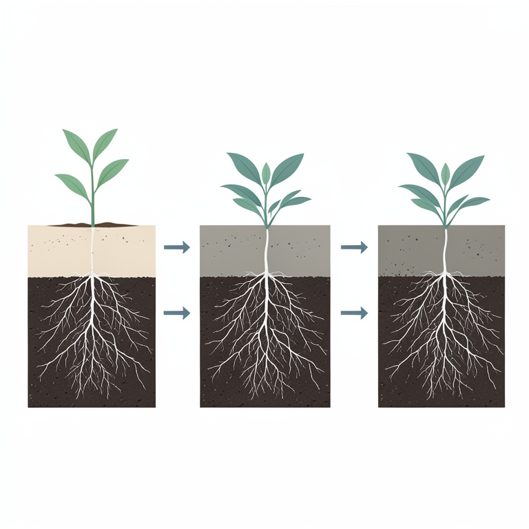 AI-generated conceptual illustration (Agricultural soil profiles with rotating crop species). It explains the idea and does not show study data.
