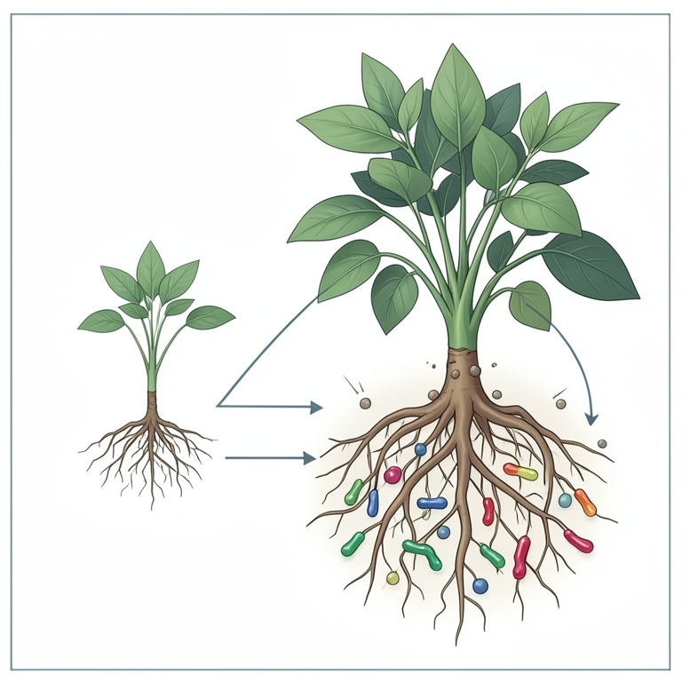AI-generated conceptual illustration (legume plants with root nodules and rhizosphere bacteria). It explains the idea and does not show study data.