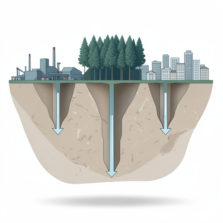 AI-generated conceptual illustration (Cross-section of the earth's crust in Upper Silesia featuring underground coal mine galleries and surface land cover). It explains the idea and does not show study data.