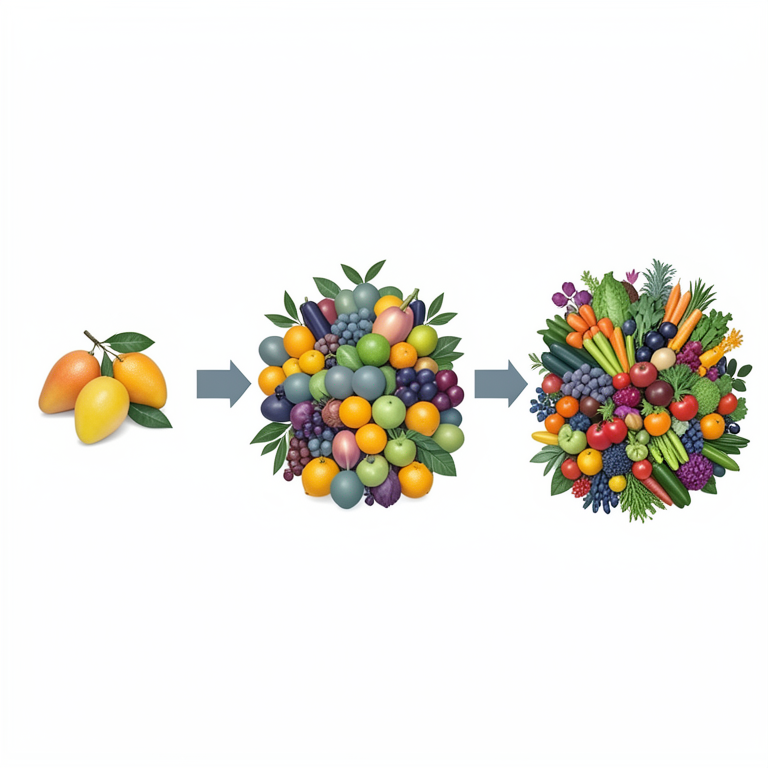 AI-generated conceptual illustration (Indian horticultural crops (mangoes, citrus fruits, vegetables, and flowers)). It explains the idea and does not show study data.