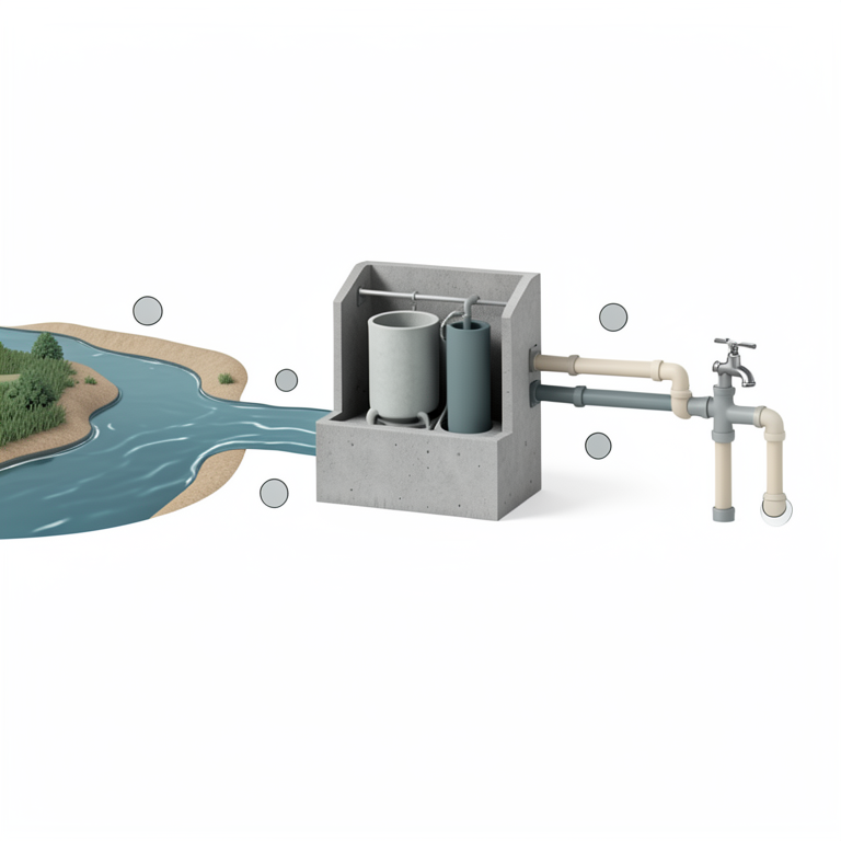 AI-generated conceptual illustration (drinking water treatment plant infrastructure). It explains the idea and does not show study data.
