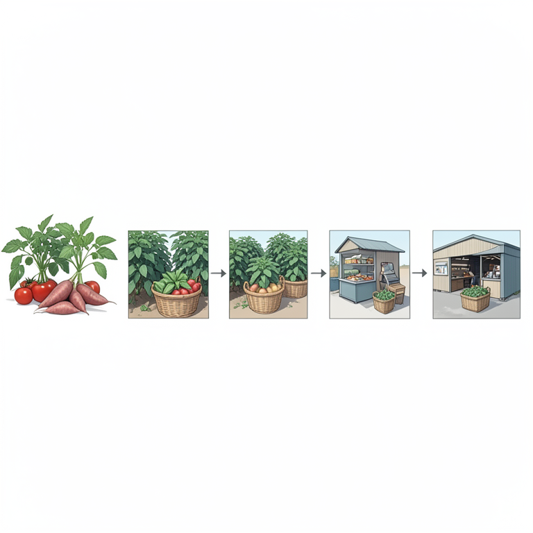 AI-generated conceptual illustration (Tomato and sweet potato crops in a rural Gujarat farm setting). It explains the idea and does not show study data.