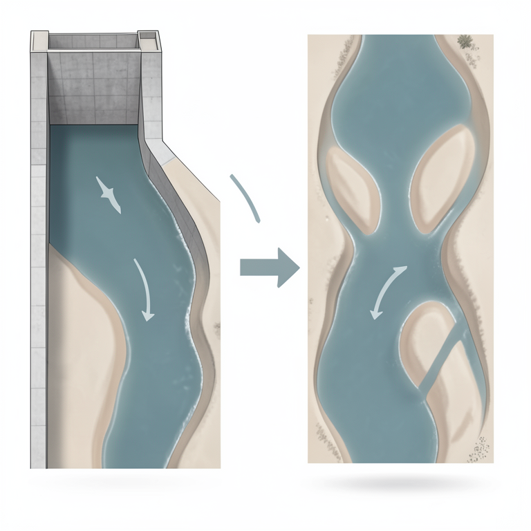 AI-generated conceptual illustration (A river channel in the Paraná Basin with a concrete dam). It explains the idea and does not show study data.