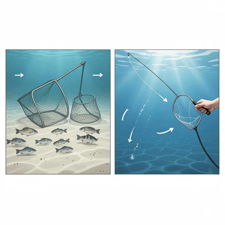 AI-generated conceptual illustration (small-scale fishing gear in a coastal marine environment). It explains the idea and does not show study data.