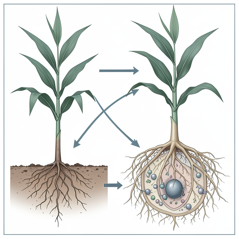 AI-generated conceptual illustration (Maize plants (Zea mays)). It explains the idea and does not show study data.