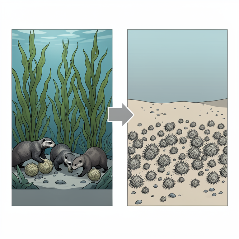 AI-generated conceptual illustration (Sea otters, sea urchins, and kelp forests). It explains the idea and does not show study data.