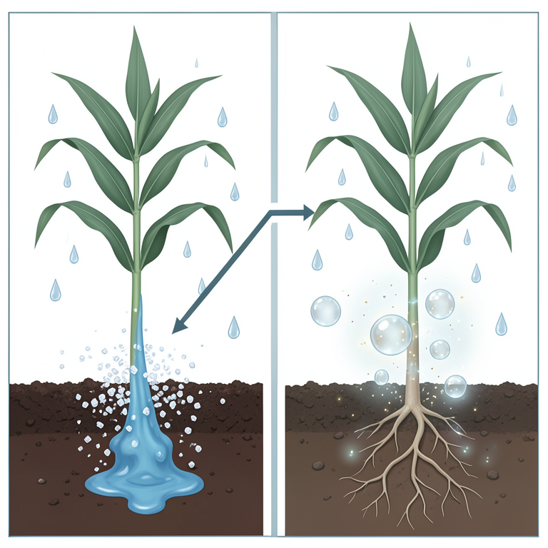 AI-generated conceptual illustration (corn plants in soil with ceramic fertilizer granules). It explains the idea and does not show study data.