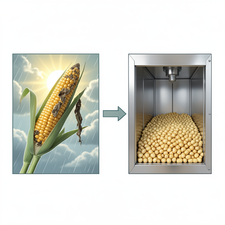 AI-generated conceptual illustration (maize grains and storage silos). It explains the idea and does not show study data.
