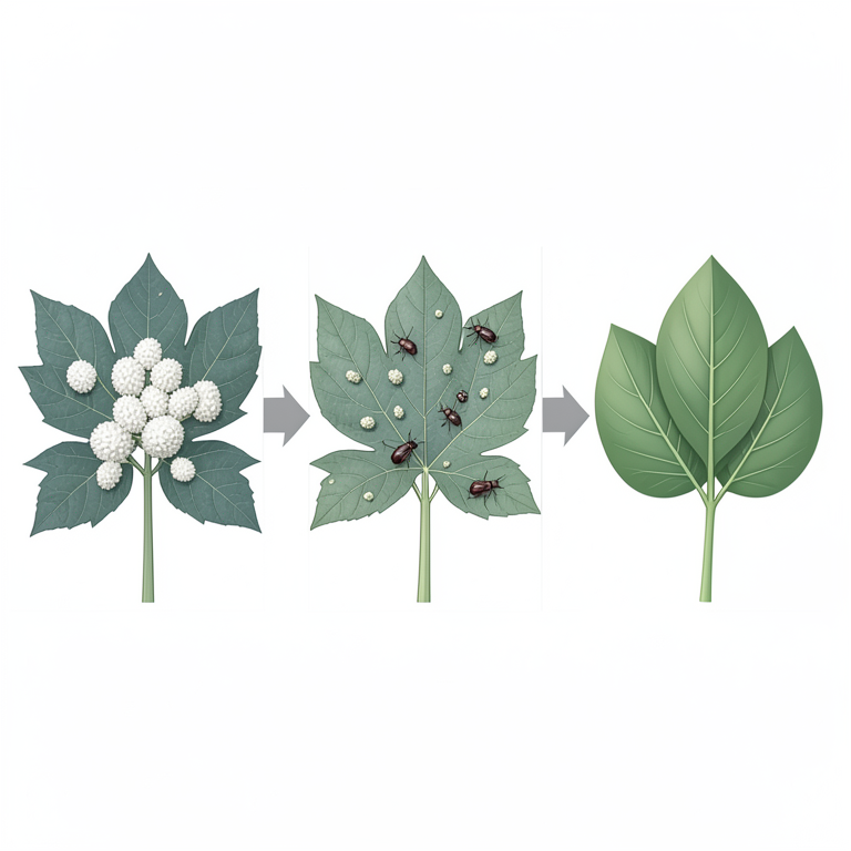 AI-generated conceptual illustration (okra plants infested with mealybugs (Phenacoccus solenopsis)). It explains the idea and does not show study data.
