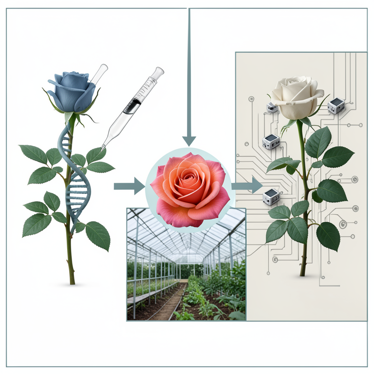 AI-generated conceptual illustration (Cut roses and greenhouse sensors). It explains the idea and does not show study data.