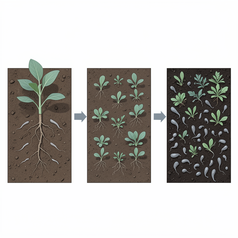 AI-generated conceptual illustration (Soil profiles with vegetable crops and soil-dwelling nematodes). It explains the idea and does not show study data.