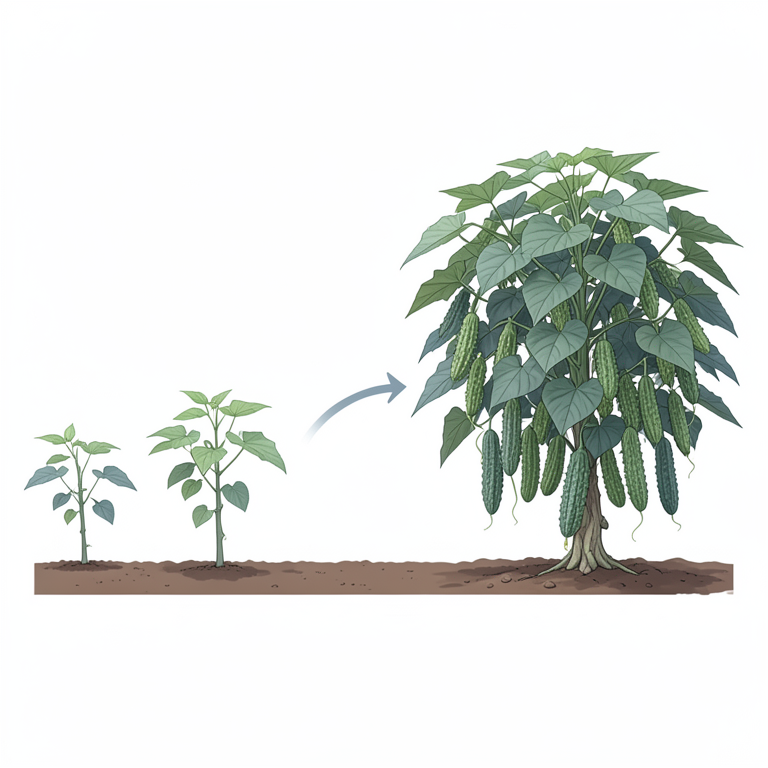 AI-generated conceptual illustration (bitter gourd plants (Momordica charantia)). It explains the idea and does not show study data.