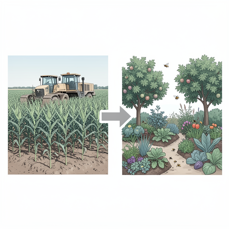 AI-generated conceptual illustration (industrial farmland and diverse natural food sources). It explains the idea and does not show study data.