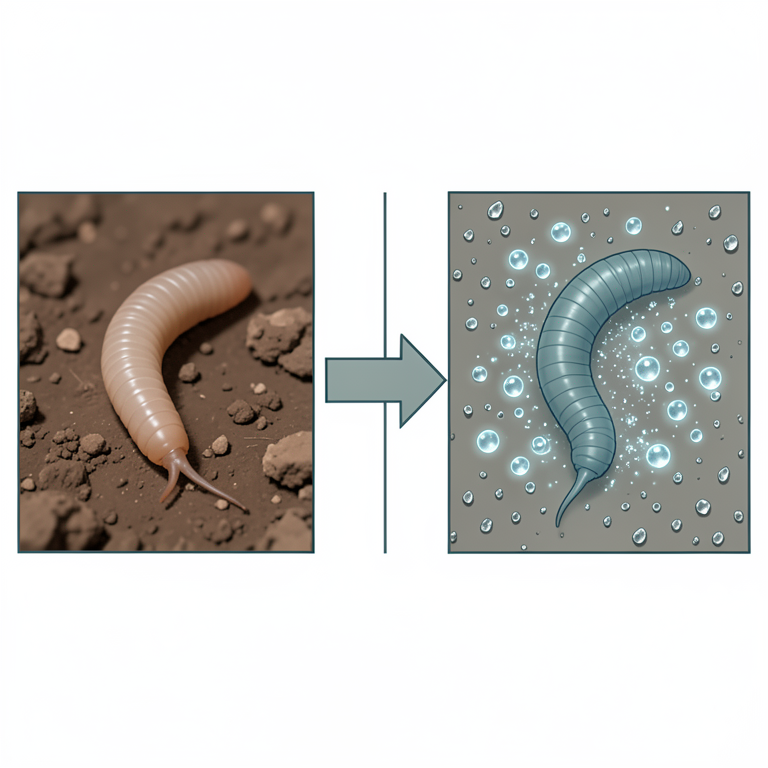 AI-generated conceptual illustration (Eisenia fetida earthworms in soil). It explains the idea and does not show study data.