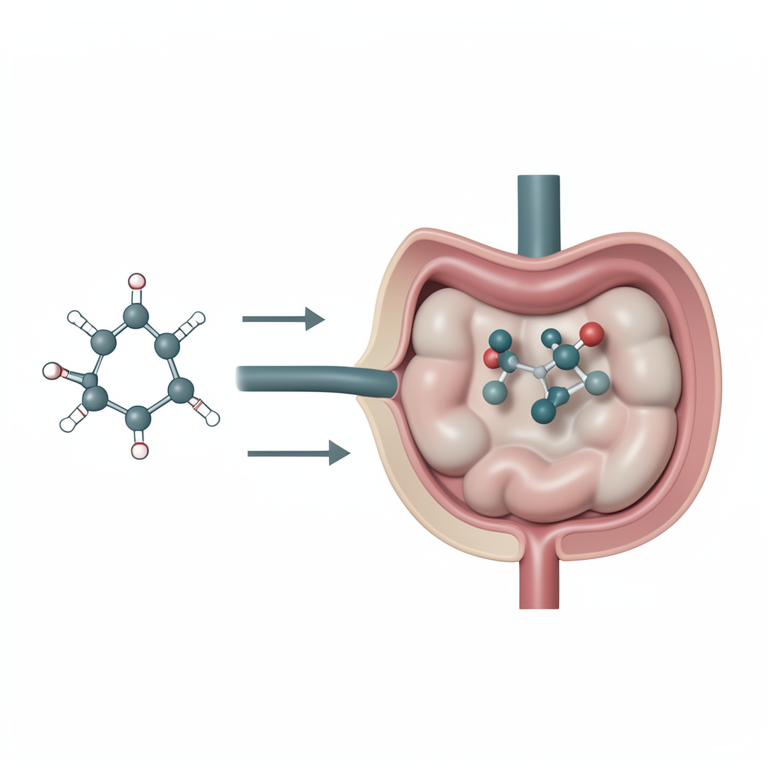AI-generated conceptual illustration (Ibuprofen prodrug molecule and human gastrointestinal tract). It explains the idea and does not show study data.