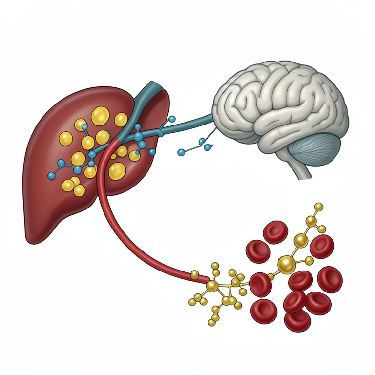 AI-generated conceptual illustration (Human liver, bloodstream, brain, and red blood cells). It explains the idea and does not show study data.