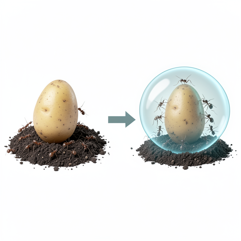 AI-generated conceptual illustration (potato tubers in soil and Dorylus orientalis ants). It explains the idea and does not show study data.