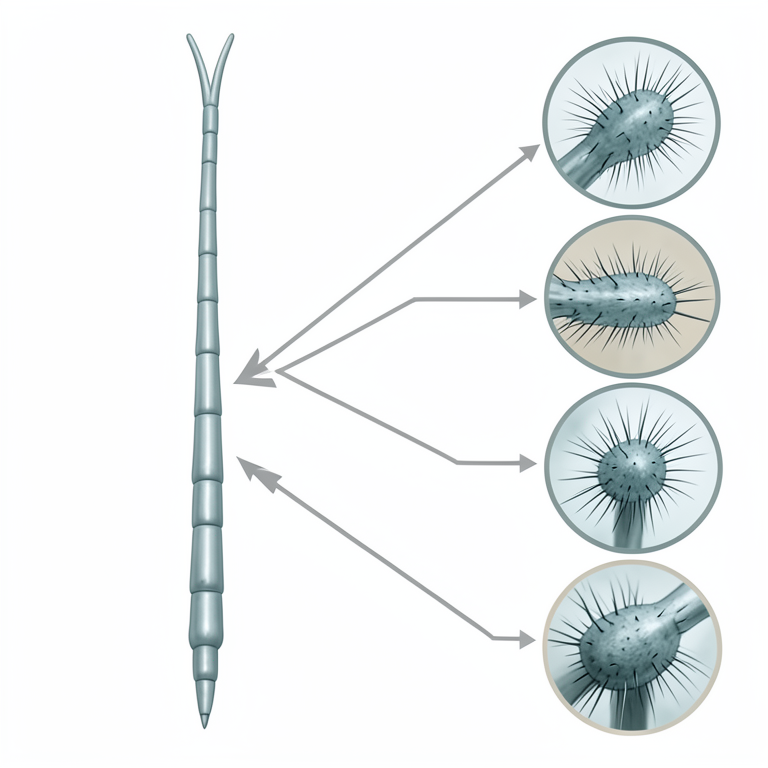 AI-generated conceptual illustration (Silver leaf whitefly (Bemisia tabaci) antennae). It explains the idea and does not show study data.
