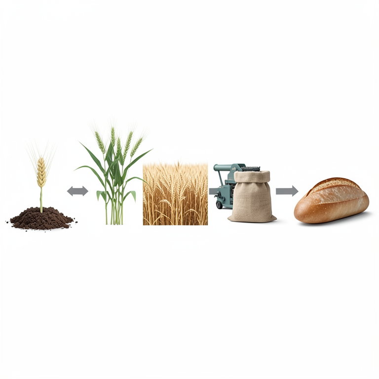 AI-generated conceptual illustration (Wheat plants (Triticum aestivum L.) and agricultural processing equipment). It explains the idea and does not show study data.