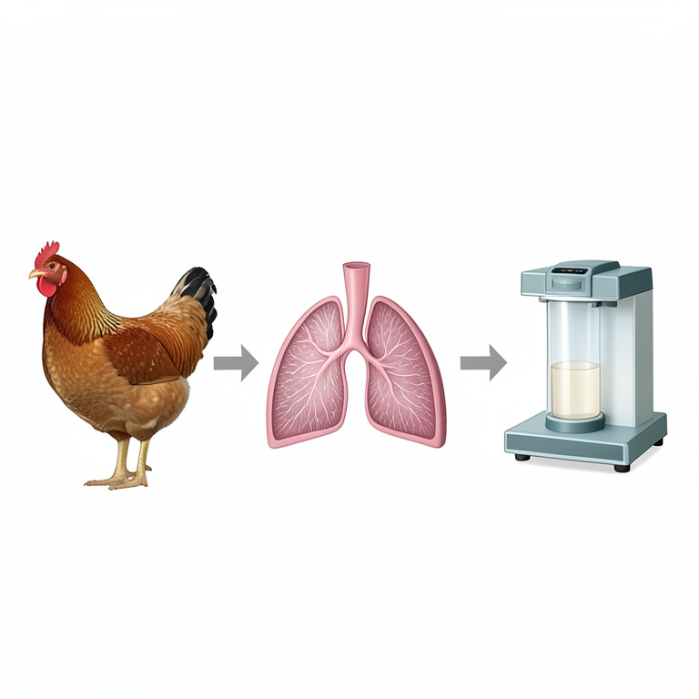 AI-generated conceptual illustration (broiler chickens and respiratory tract tissues). It explains the idea and does not show study data.