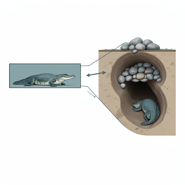 AI-generated conceptual illustration (Mugger crocodiles in riverbank tunnels). It explains the idea and does not show study data.
