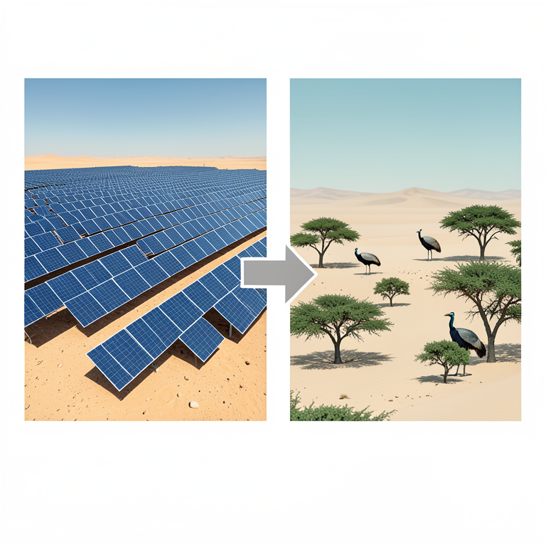 AI-generated conceptual illustration (Arid landscape of Rajasthan with Khejri trees and Great Indian Bustards). It explains the idea and does not show study data.