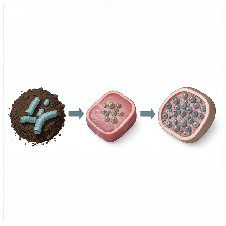 AI-generated conceptual illustration (Clostridium perfringens bacteria and cooked meat products). It explains the idea and does not show study data.