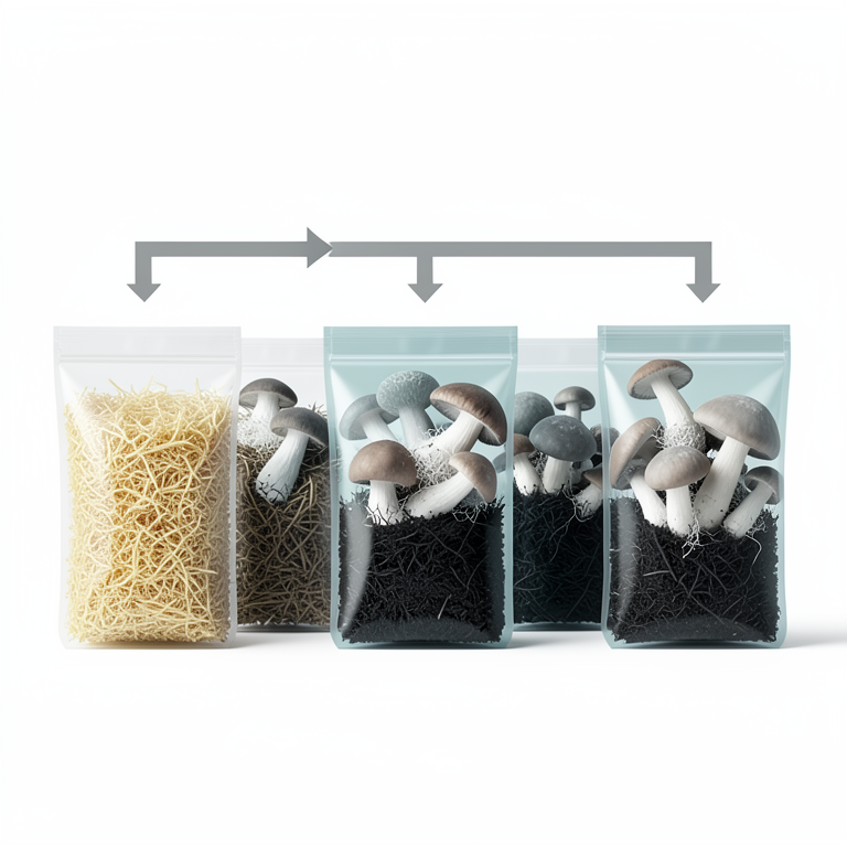 AI-generated conceptual illustration (Pleurotus ostreatus mushrooms growing in straw substrate bags). It explains the idea and does not show study data.