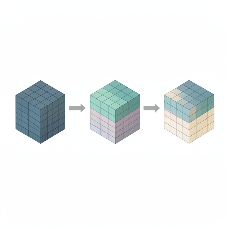 AI-generated conceptual illustration (A sequence of mathematical matrices represented as 3D grids of colored cells). It explains the idea and does not show study data.