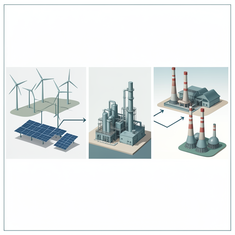 AI-generated conceptual illustration (Industrial chemical manufacturing plant with wind turbines, solar panels, and a natural gas power plant). It explains the idea and does not show study data.