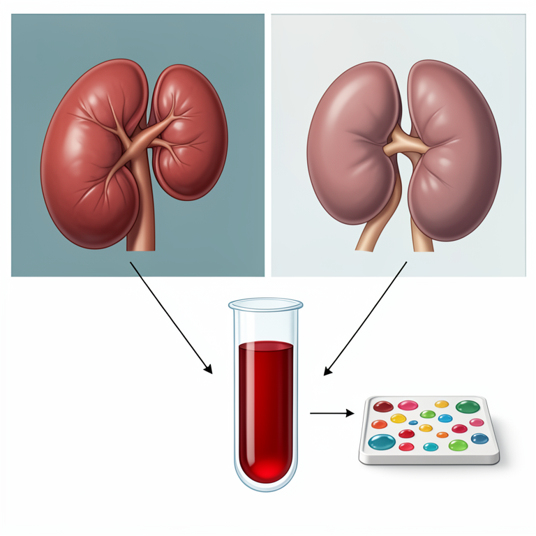 AI-generated conceptual illustration (Human female kidneys and blood serum). It explains the idea and does not show study data.