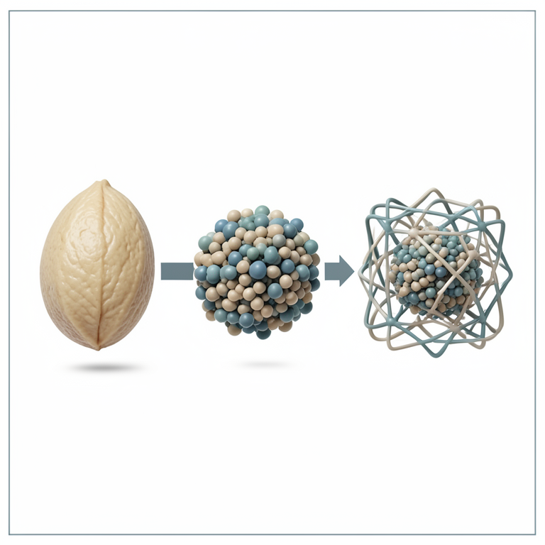 AI-generated conceptual illustration (wheat starch granules and legume proteins). It explains the idea and does not show study data.
