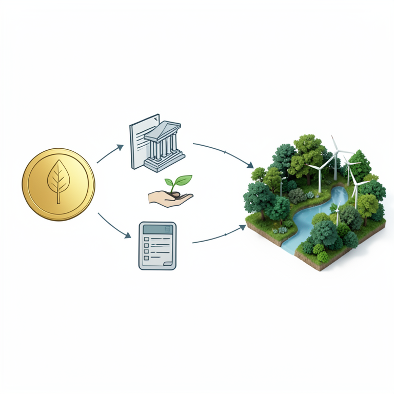 AI-generated conceptual illustration (A conceptual ecosystem of sustainable financial instruments and nature). It explains the idea and does not show study data.