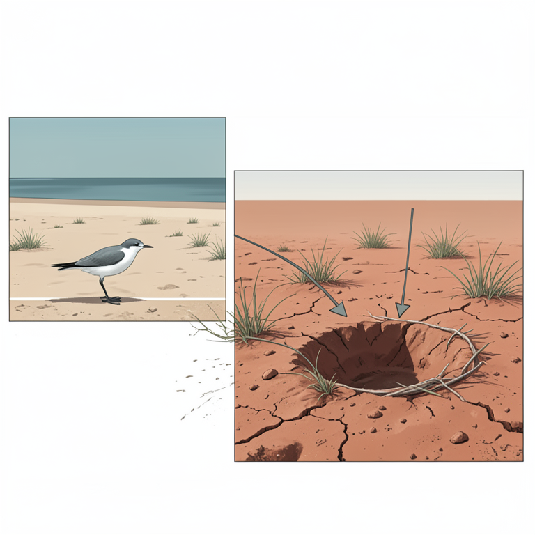 AI-generated conceptual illustration (Small Pratincole (Glareola lactea) in a sandy dam environment). It explains the idea and does not show study data.