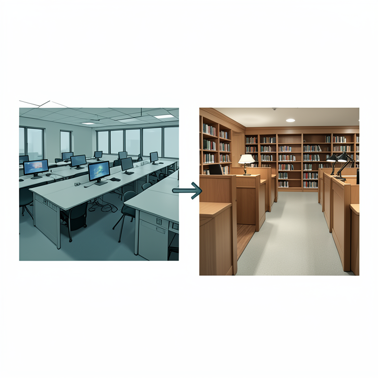 AI-generated conceptual illustration (modern university library interior). It explains the idea and does not show study data.
