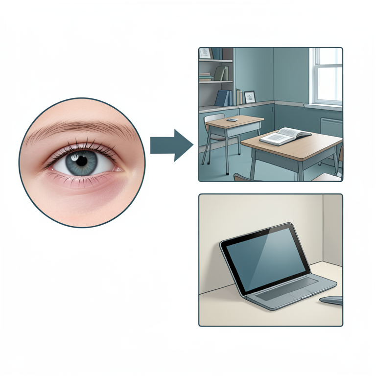 AI-generated conceptual illustration (Children's eyes and school/home environments). It explains the idea and does not show study data.