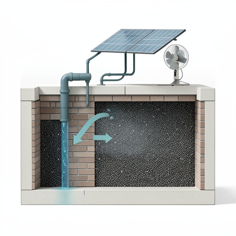 AI-generated conceptual illustration (chia seeds in a brick evaporative cooling chamber). It explains the idea and does not show study data.