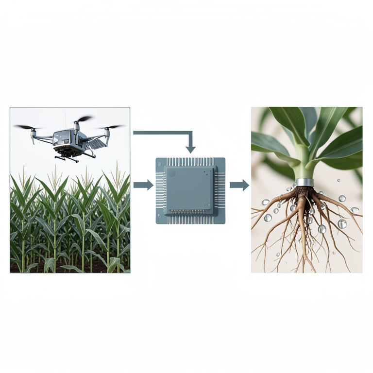 AI-generated conceptual illustration (maize plants in a field with drip irrigation emitters). It explains the idea and does not show study data.