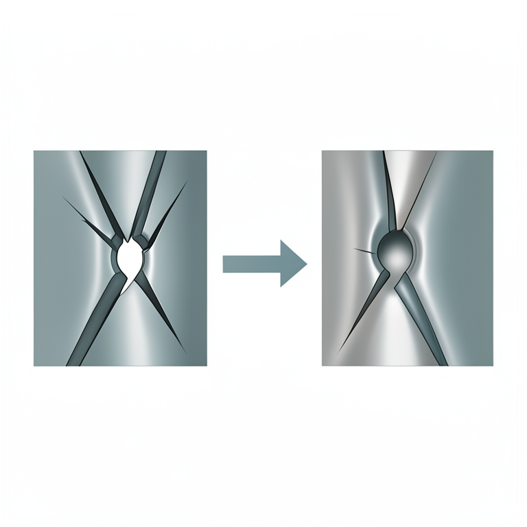 AI-generated conceptual illustration (A metallic specimen with a fatigue crack tip). It explains the idea and does not show study data.