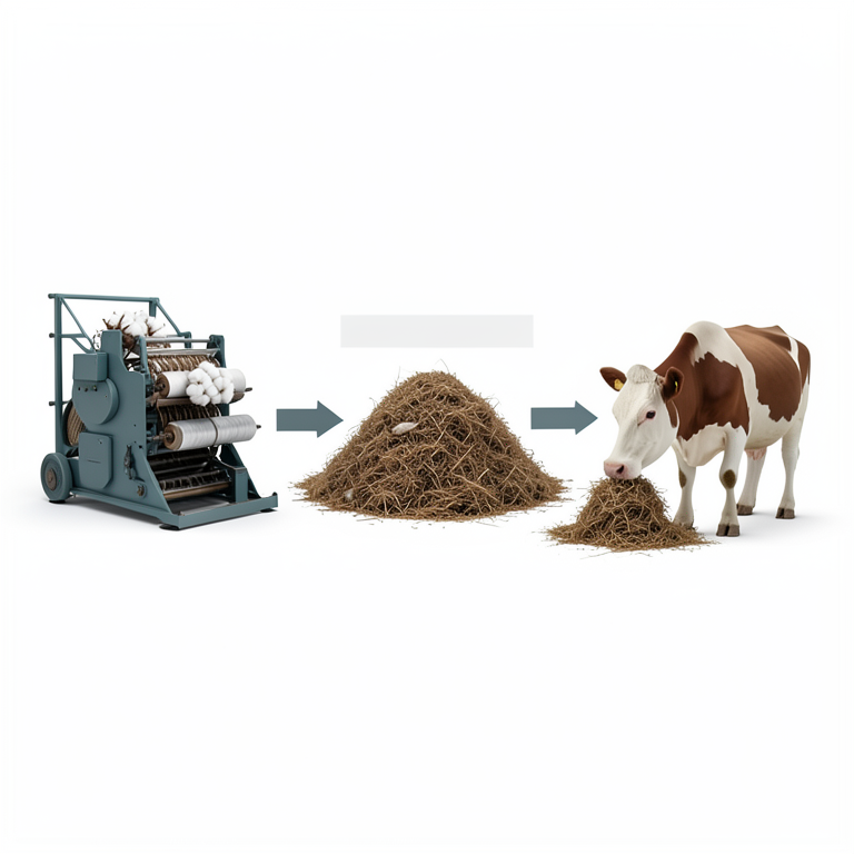 AI-generated conceptual illustration (Cotton gin trash and dairy cows). It explains the idea and does not show study data.