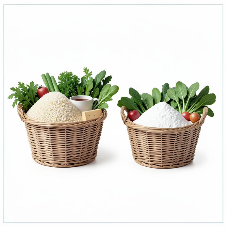 AI-generated conceptual illustration (elderly individuals' dietary food baskets). It explains the idea and does not show study data.