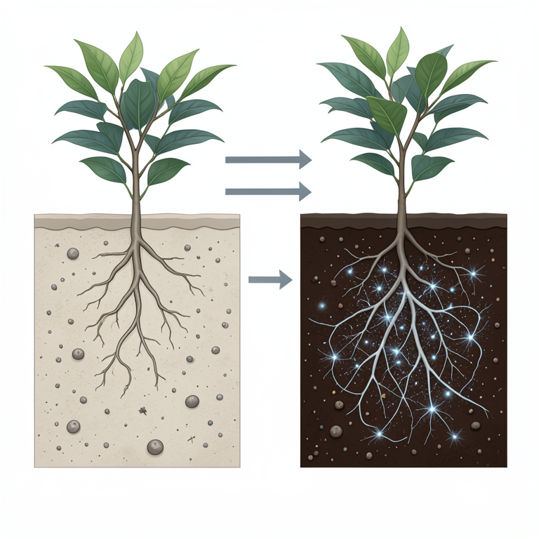 AI-generated conceptual illustration (Tea garden soil profiles). It explains the idea and does not show study data.