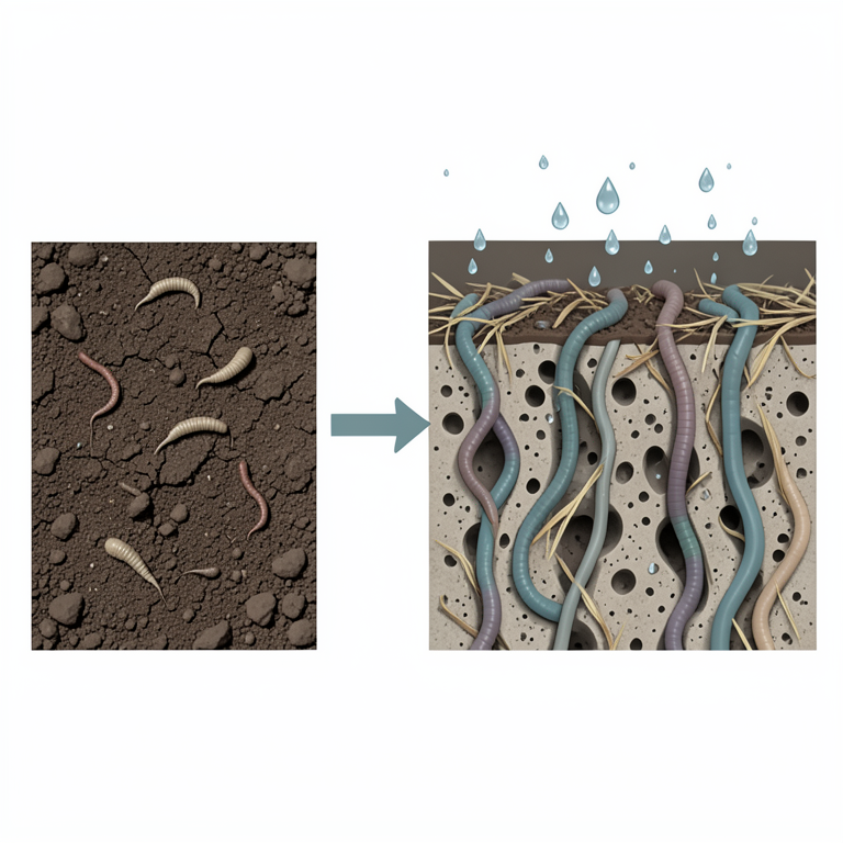 AI-generated conceptual illustration (Earthworms in agricultural soil). It explains the idea and does not show study data.