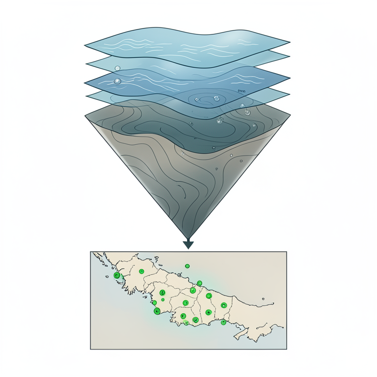 AI-generated conceptual illustration (Marine spatial maps of a coastal ocean region). It explains the idea and does not show study data.