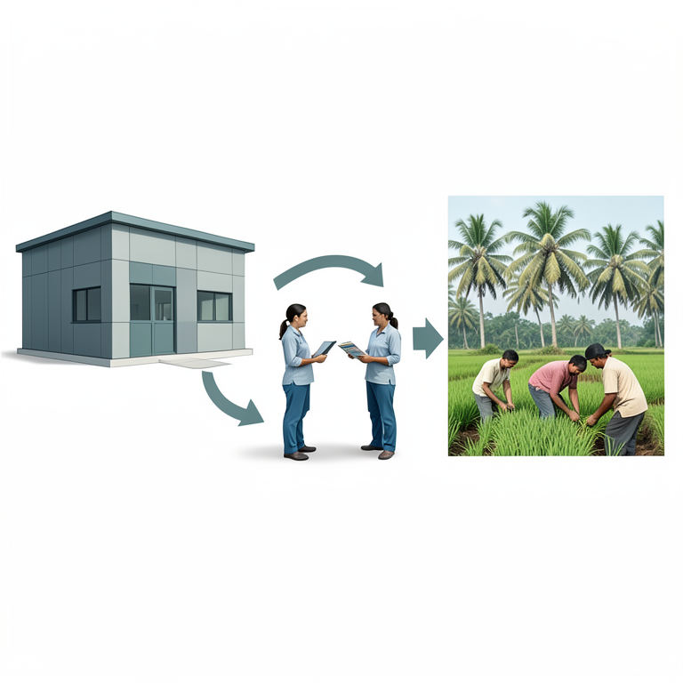 AI-generated conceptual illustration (Indian farmers and agricultural extension workers in rural Tamil Nadu). It explains the idea and does not show study data.