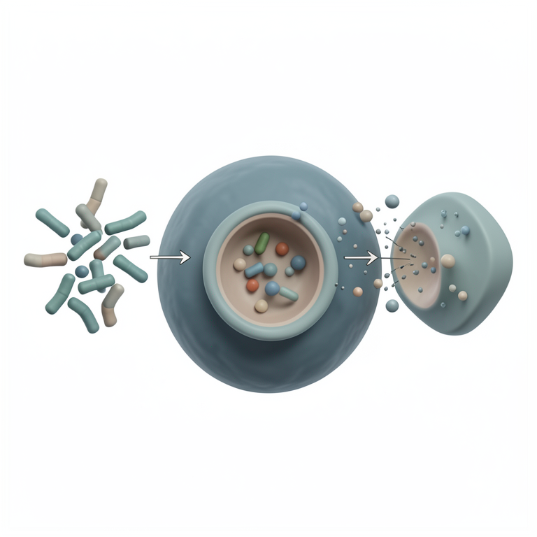 AI-generated conceptual illustration (human macrophage and Mycobacterium tuberculosis bacteria). It explains the idea and does not show study data.