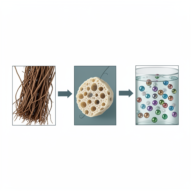 AI-generated conceptual illustration (agricultural plant fibers and heavy metal ions in water). It explains the idea and does not show study data.