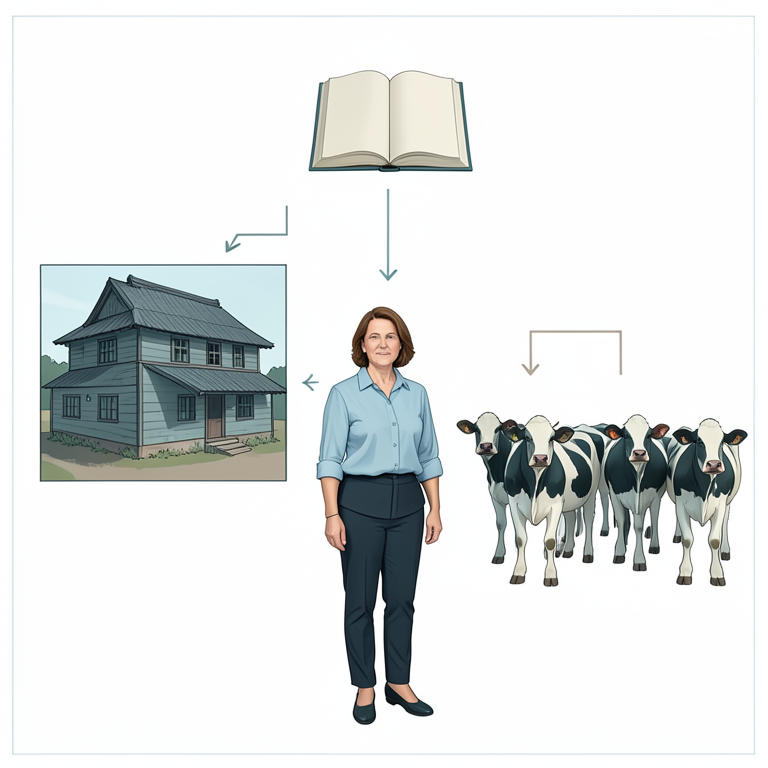 AI-generated conceptual illustration (Middle-aged dairy farm woman and her rural farm environment). It explains the idea and does not show study data.